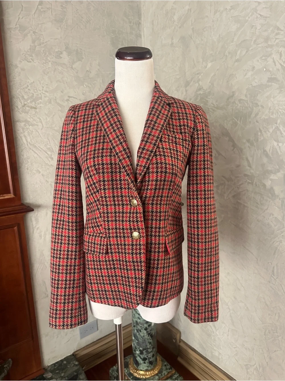 J.Crew Schoolboy Wool Blazer Red Houndstooth Pattern and Gold buttons